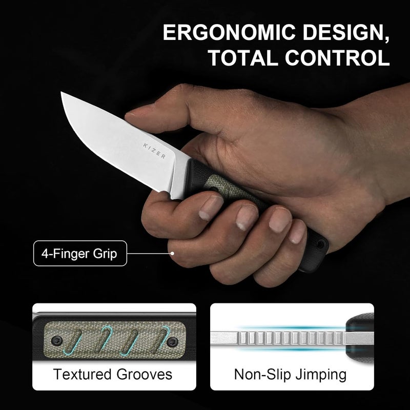 KIZER Smolt Fixed Blade Knife, 2.93" 14C28N Fixed Blade with Black G10 & Micarta Handle, Drop Point EDC Knives with Sheath for Camping Hiking 1063A6 - Image 4